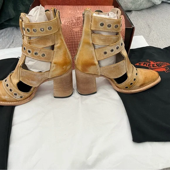 freebird Tan Leather Strappy Pointed-Toe Heeled Boots - Picture 2 of 4